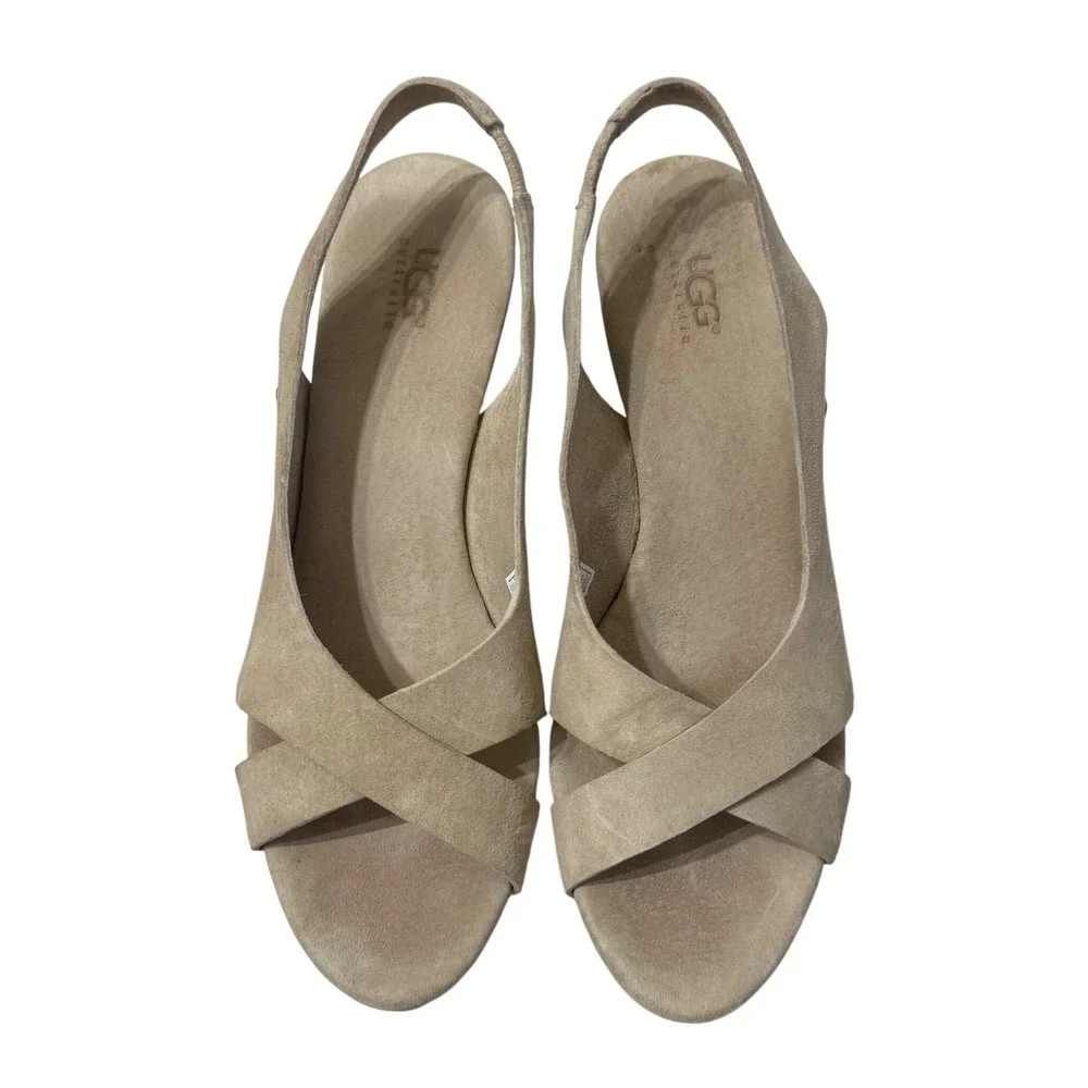 UGG Hazel Slingback Wedge Sandals Womens 8 Tan Suede Cork Platform